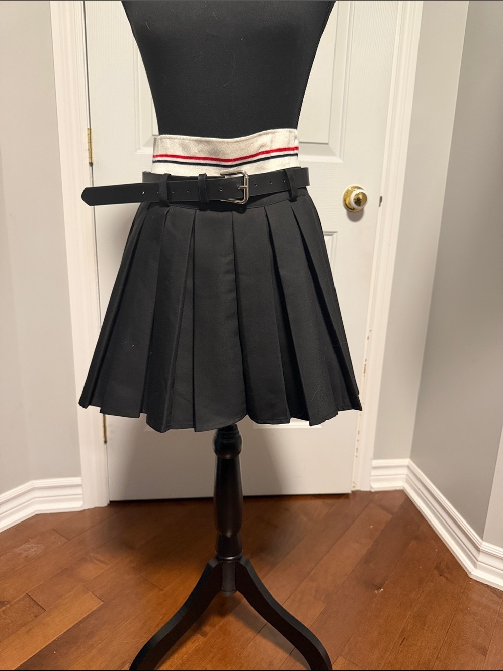 Black Pleated Skater Mini Skirt with Contrast Waistband